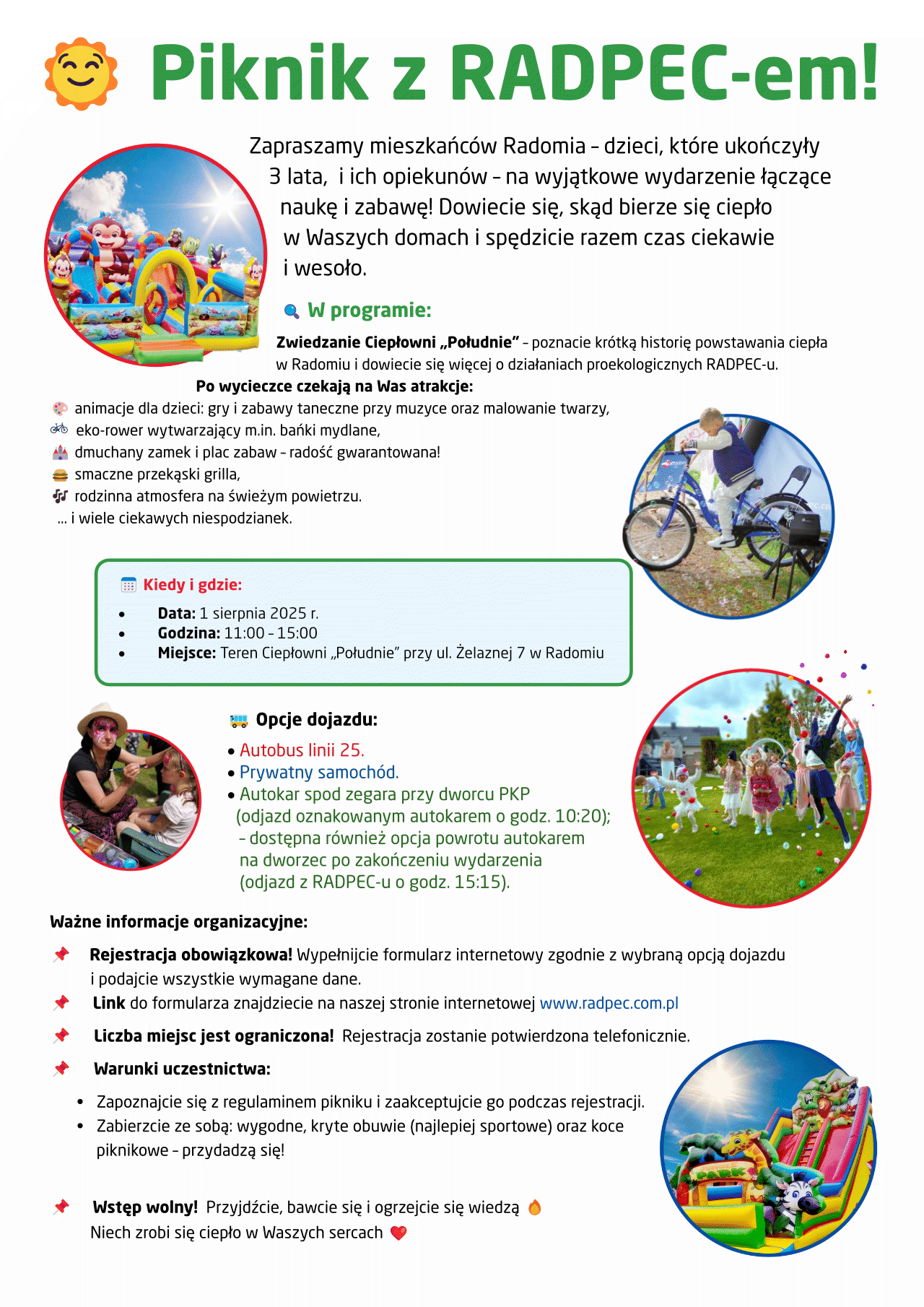 Plakat zaproszenie: Zapraszamy mieszkańców Radomia – dzieci, które ukończyły  3 lata,  i ich opiekunów – na wyjątkowe wydarzenie łączące naukę i zabawę! Dowiecie się, skąd bierze się ciepło  w Waszych domach i spędzicie razem czas ciekawie  i wesoło.