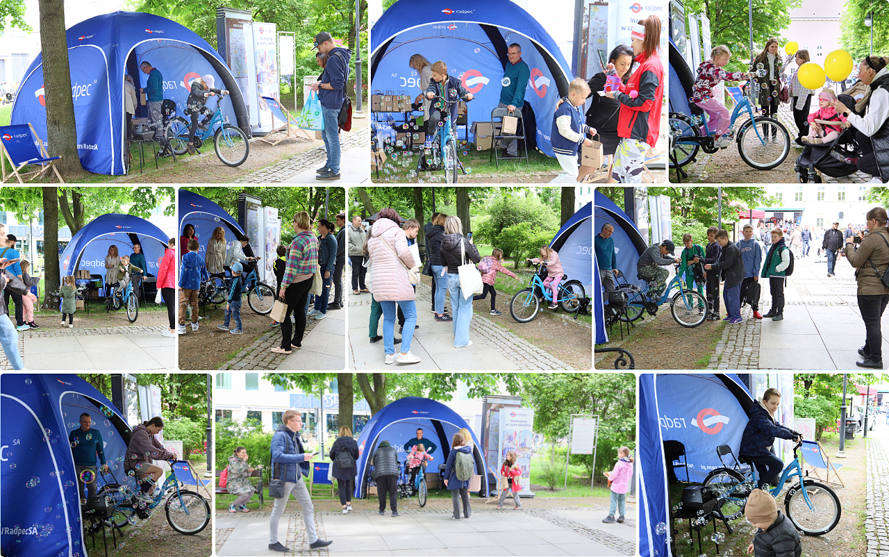 Kolaż zdjęć przedstawiający stoisko RADPEC-u podczas pikniku ekologicznego
